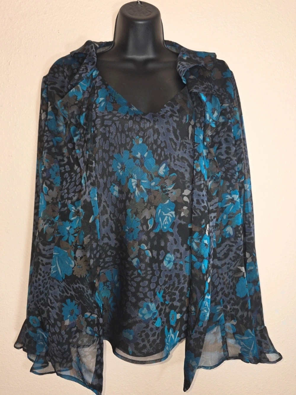 Sheer Floral Wrap Scarf in Teal and Black